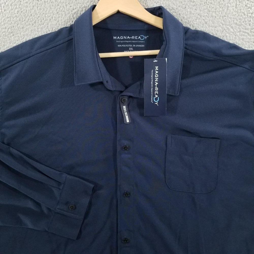MagnaReady Shirt Mens 3XL Navy Magnetic Closure Long Sleeve Stretch Button Up